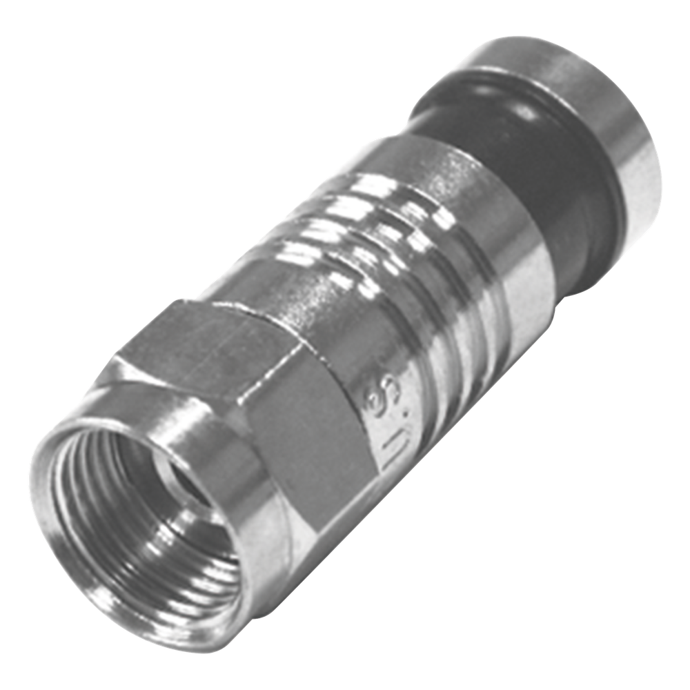 Conector F Macho Plegado Axial por Compresión para RG-59/U, Cuerpo en Níquel y Banda Negra.