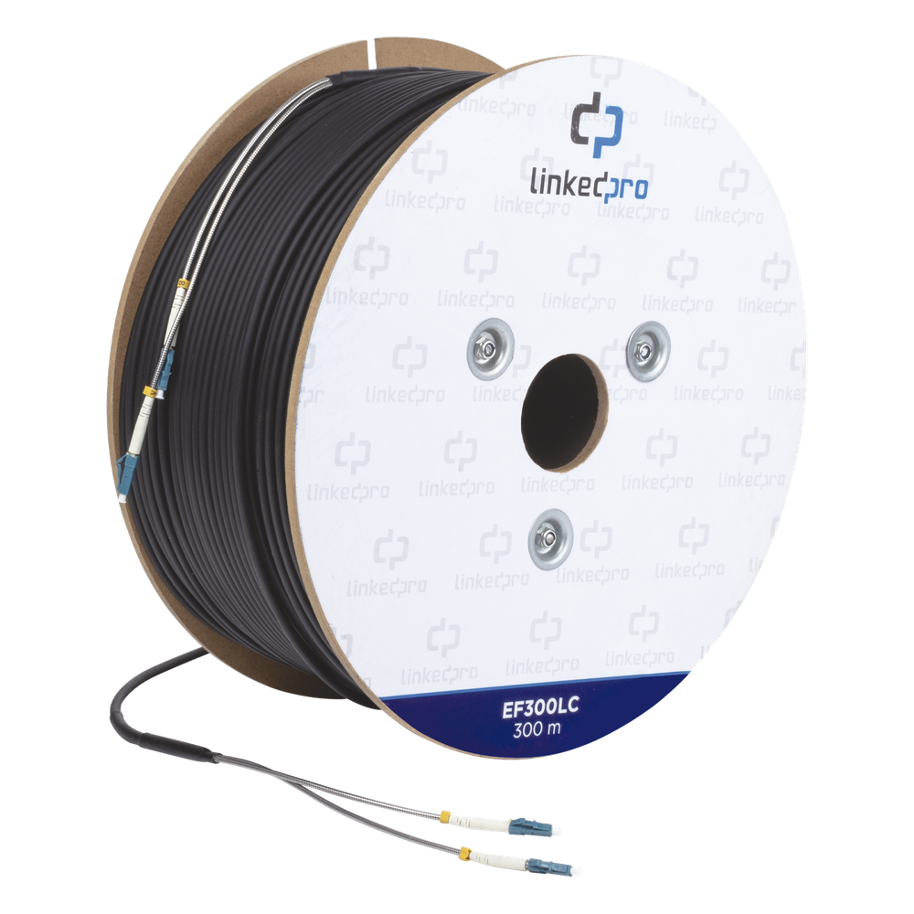 Carrete de Fibra Óptica Monomodo con Conectores LC-LC Duplex, Reforzada con Kevlar, de 300 Metros (984.25 Pies), Para Instalaciones Subterráneas por Tubería