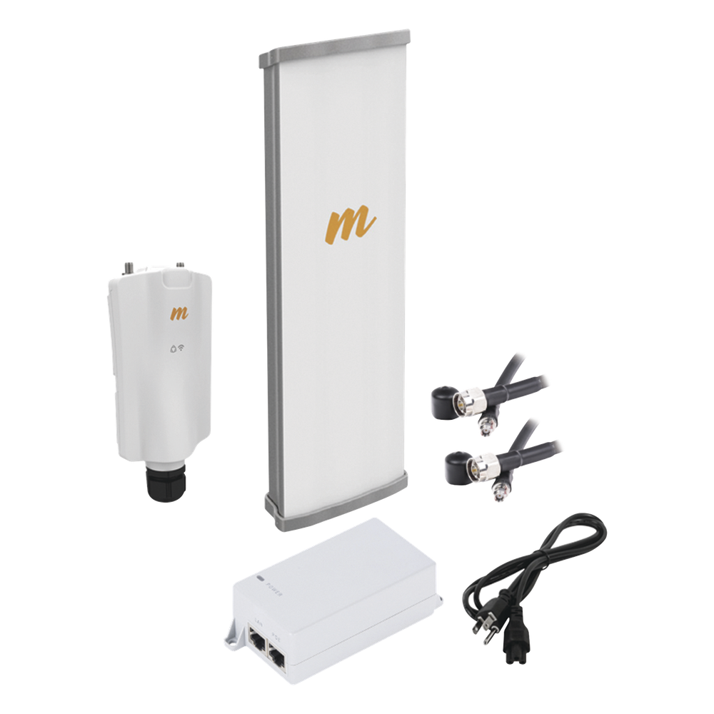 Kit de radio A5x con antena N545X4, 4.9 a 6.4 GHz, 700 Mbps, hasta 64 usuarios concurrentes, Monitoreo a travez de la nube, incluye jumper, PoE24V, cable de alimentación y montaje