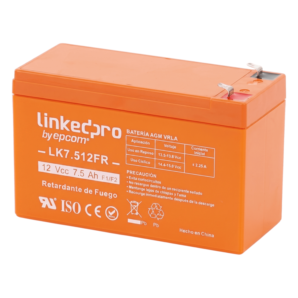Batería de respaldo 12 V | 7.5 Ah | AGM | Certificada UL94-V0 Retardante a la Flama | Especial para Seguridad Electrónica | UPS | Sistemas de Emergencia | Vida útil 5 años | Terminales F1 + Adaptador F2
