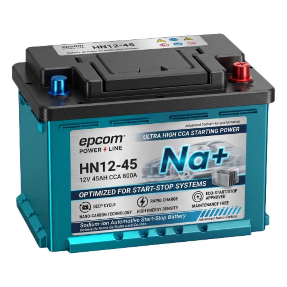 Batería Automotriz de Iones de Sodio para Start-Stop / 12 Vcc 45 Ah / 540 Wh / 800 CCA / 3000+ Ciclos / Reemplazo Directo de Plomo-Ácido