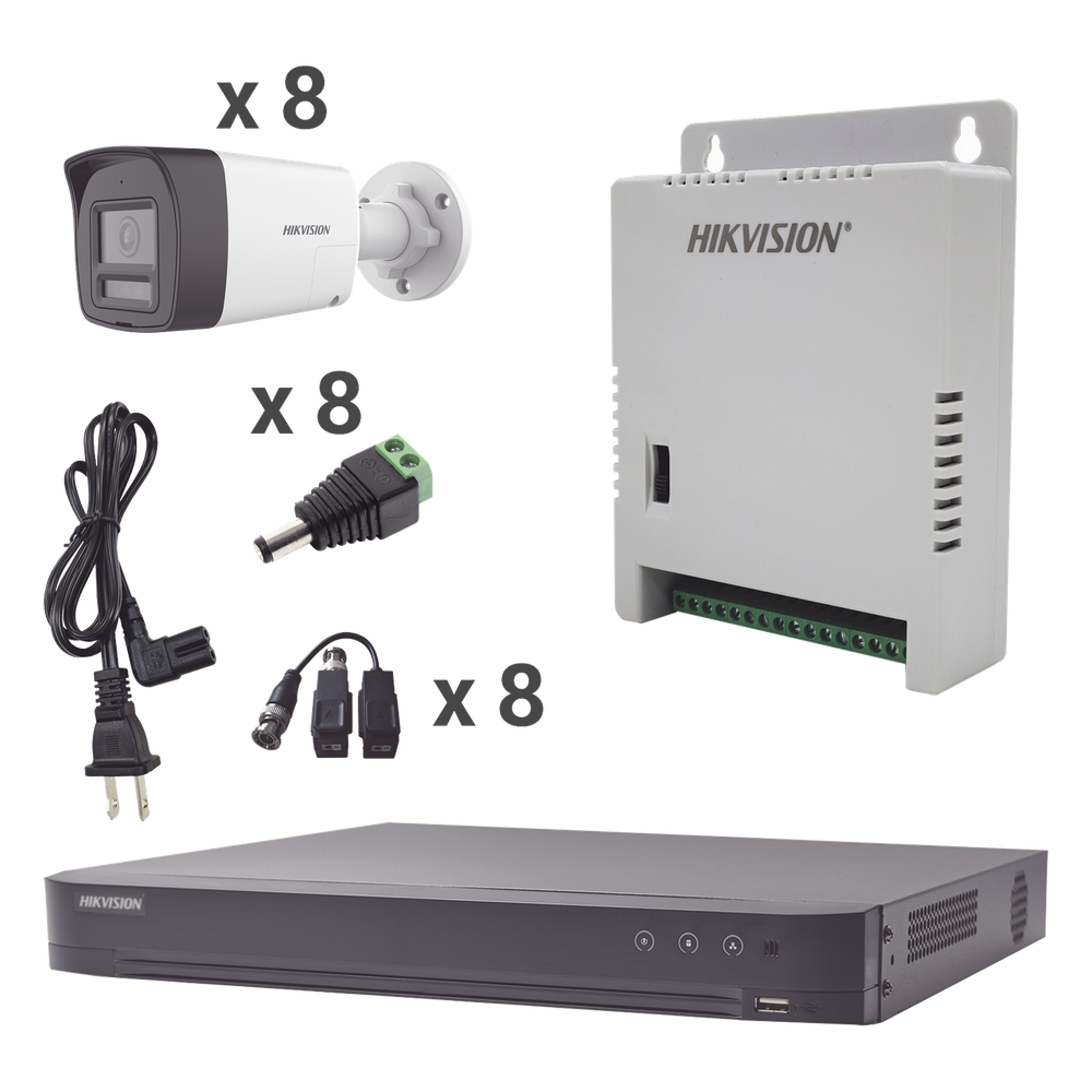 Kit Audio Bidireccional TurboHD 4K-3K / DVR 8 Canales 4K / 8 Cámaras Bala (Exterior) con Bocina y Microfóno Integrado 3K / 1 Fuentes de Poder / Accesorios