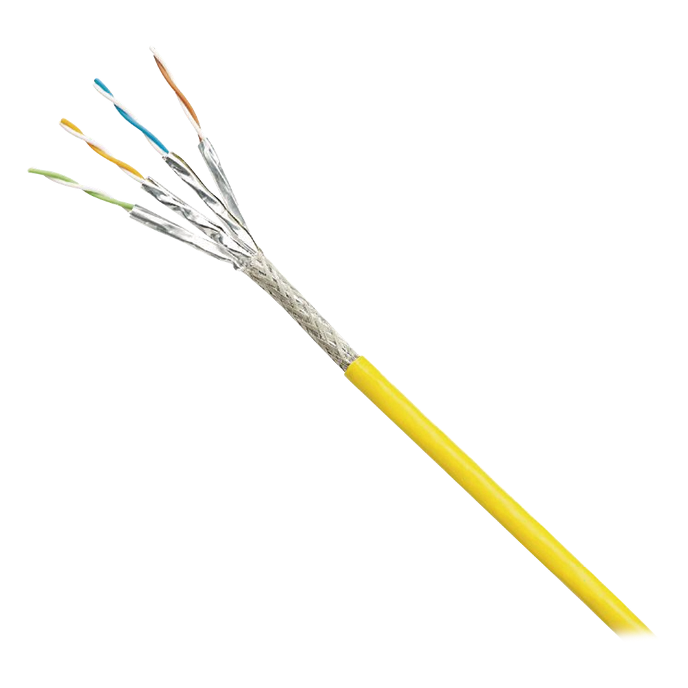 Bobina de Cable Blindado S/FTP Categoría 6A, Uso Industrial con Resistencia al Aceite, Rayos UV y Abrasión, Multifilar (Flexible), Color Amarillo, Bobina de 500 Metros (1640 Pies)