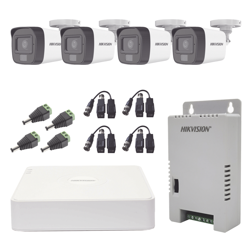 Kit TURBOHD 1080p / DVR 4 Canales / 4 Cámaras con Micrófono Integrado y 101° Visión / Luz Blanca + IR Visión Nocturna / Transceptores / Conectores / Fuente de Poder Profesional Compacta