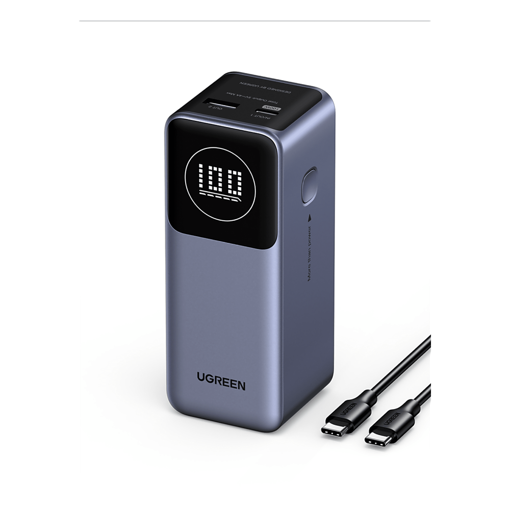 Power Bank de 12000mAh | 2 Salidas 100W Max. | USB-A + 1 USB-C | PD 3.0 | QC3.0 | FCP | SCP | Pantalla Inteligente | Carcasa Ignifuga | Color Gris | Incluye Cable USB de 50cm | Carga tu Laptop de Manera Segura.