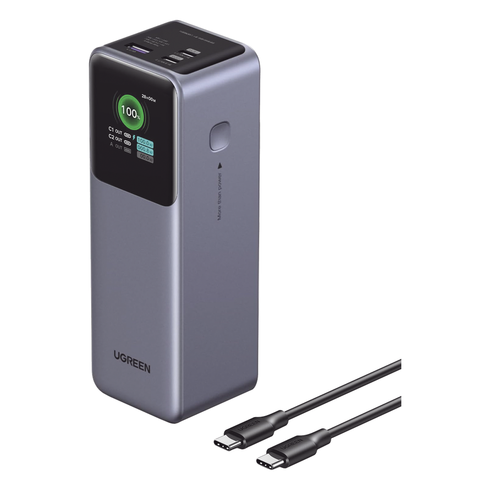 Power Bank de 25000mAh | 3 Salidas 200W Max. | USB-A + 2 USB-C | PD 3.0, QC3.0 | FCP | SCP | Pantalla Inteligente | Carcasa Ignifuga | Color Gris | Incluye Cable USB de 50cm | Carga tu Laptop de Manera Segura.