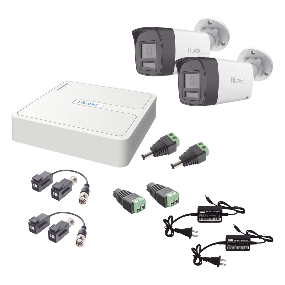 Kit HiLook Audio Bidireccional TurboHD 1080p / DVR 4 Canales / 2 Cámaras Bala (Exterior) con Bocina y Microfóno Integrado / 2 Fuentes de Poder / Accesorios