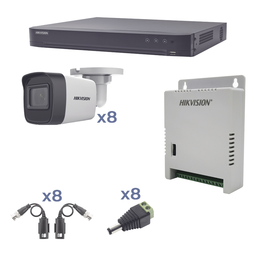 KIT TurboHD 1080p / DVR 8 Canales / 8 Cámaras Bala (exterior 2.8 mm) / Transceptores / Conectores / Fuente de Poder Profesional hasta 15 Vcc para Larga Distancia