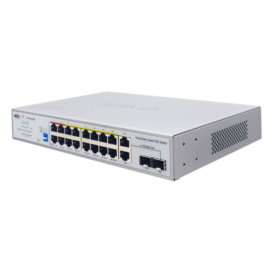 Switch PoE / Administración en la nube / Con 16 puertos 10/100 Mbps PoE af/at (Puertos 1-4: bt 90W) / 2 Puertos Uplink 10/100/1000 Mbps / 1 Puerto SFP Gigabit / Presupuesto 250 W / PoE hasta 250 metros / Soporta protocolo ONVIF
