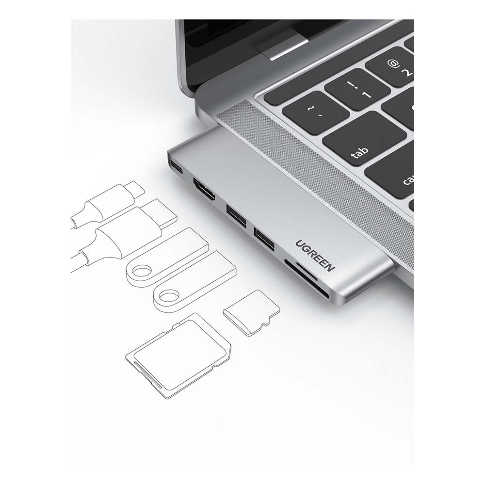 Hub USB-C 6 en 1 / 2xUSB-A 3.0 (5Gbps) / HDMI 4K@30Hz / Puerto PD 100W / Lector SD+MicroSD / Aluminio / Compatible Thunderbolt 3 / Compacto 110x29x8.5mm