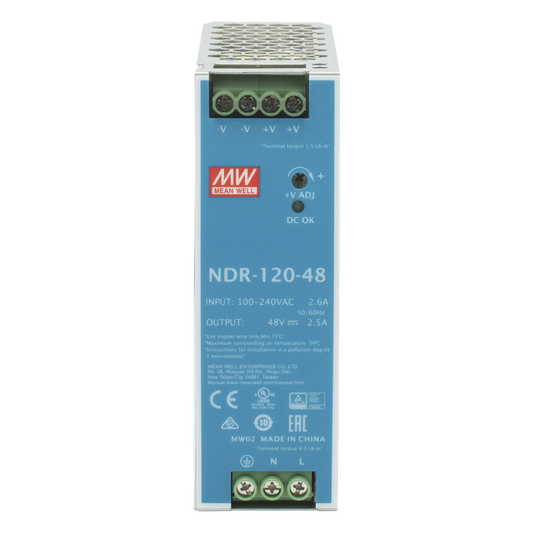 Fuente de poder industrial de 120 W, salida 48 Vcc, entrada 90~264 VCA, para montaje en riel DIN,