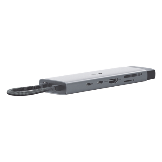 Adaptador HUB 9 en 1, 1 puerto USB-C entrada, 1 puerto HDMI 4K, 1 puerto Ethernet Gigabit, 1 puerto SD y MicroSD, 1 puerto USB-C y 3 puertos USB-A