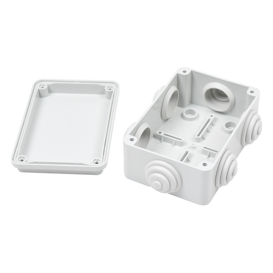 Caja Estanca de PVC Para Derivación y Conexión, 6 Entradas, Tapa Atornillada, 120x80x50 mm (Área interna), Uso Exterior IP55, Material que no Propaga el Fuego y Libre de Hálogenos