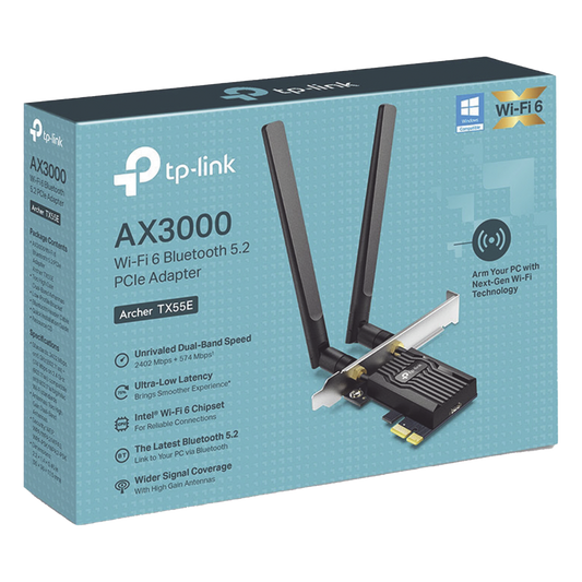 Adaptador PCIe inalámbrico doble banda AX3000 Mbps / Seguridad Inalámbrica WPA3 /Antena de alta ganancia / Tecnología MU-MUMO 2X2 / Soporte de perfil bajo y Altura completa / Bluetooth 5.2