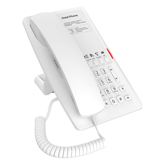 Teléfono IP Hotelero / 2 Líneas SIP / 5 Teclas Programables / Puerto USB-A de Carga / PoE 802.3af / Diseño Blanco / Audio HD Manos Libres