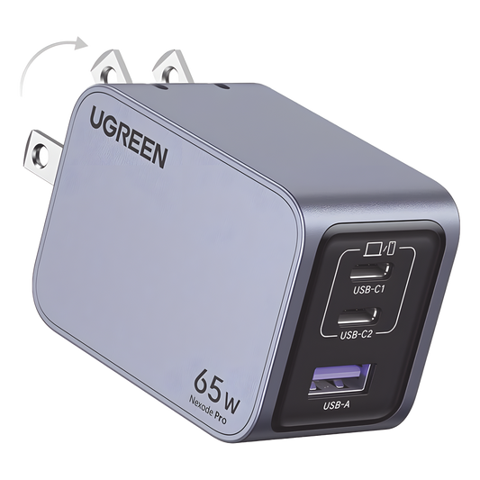 Cargador de 65W serie Nexode Pro | 3 Puertos de Carga Rápida | 2 USB-C | 1 USB-A | Tecnología GaNInfinity | PD3.1 de 65W / QC4.0 | Tecnología de Protección Térmica | Optimiza la Carga | Caja de Aluminio | Incluye Cable U