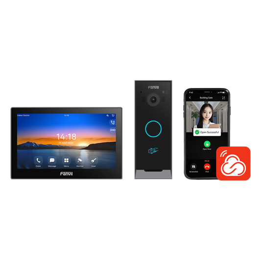 Kit Videoportero IP / Estación Interior i504W + Frente de Calle i60 / Pantalla Táctil 7" HD / Videollamadas H.264/H.265 / Wi-Fi Dual Band / PoE / App Fanvil Link / ONVIF / 10,000 Tarjetas RFID