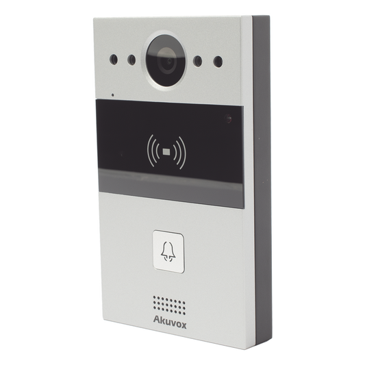 Videoportero de 1 Botón / Lector de Tarjetas MIFARE y PROX EM / Notificación a APP / 100% en la Nube / Notificación por Llamada Telefónica / SIP / ONVIF / IP65 / Cámara 2MP / Panel de Aluminio / Control de 2 Puertas