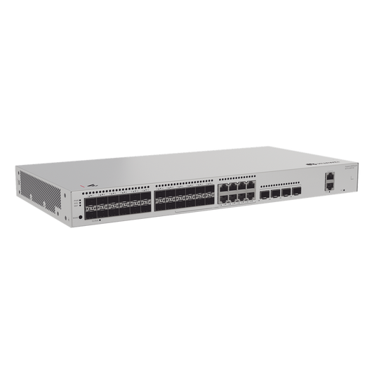 Switch de Distribución/Core Gigabit Administrable Capa 3 / 24 puertos 1GE SFP ( Combo con 8 Puertos 10/100/1000 Mbps) / 4 Puertos 10GE SFP+ Uplink / ERPS / Rutas Estáticas / iStack / Administración Nube Gratis