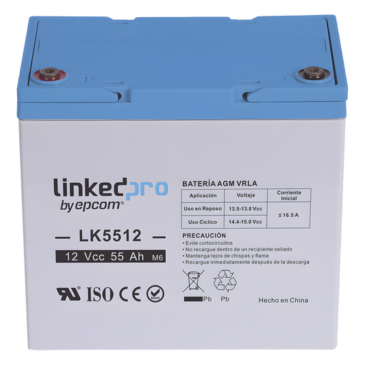 Batería de respaldo 12 V | 55 Ah | AGM | Especial para Seguridad Electrónica | UPS | Sistemas de Emergencia | Vida útil 5 años | Terminales T2