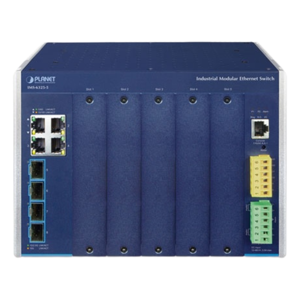 Switch Modular Industrial Capa 3 / 5 Slots / 4 Puertos Gigabit RJ45 / 4 Puertos SFP+ 10G / Rango de Temperatura -40~75°C / Entrada de Potencia Redundante 12-48V / Soporte IPv6/IPv4
