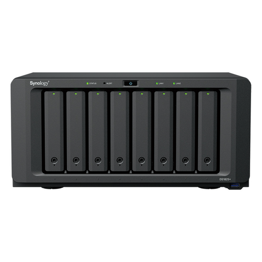 NAS DiskStation DS1825+ | 8 Bahías | AMD Ryzen V1500B | 8 GB DDR4 ECC | Hasta 2,239 MB/s Lectura | 2 Puertos 2.5GbE | Expansión PCIe 3.0 | Compatible con 10GbE y 25GbE | Caché SSD M.2 | Synology DSM.