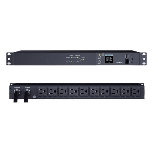 PDU ATS (Fuente Redundante Auto-transferible) Medible, Para Distribución de Energía, 2 Entradas 120 Vca NEMA5-15P, Con 10 Salidas NEMA 5-15R, Horizontal 19in, 1UR