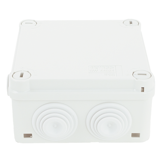 Caja Estanca de PVC Para Derivación y Conexión, 6 Entradas, Tapa con Tornillo de 1/4" de Vuelta, 100x100x50 mm (Área Interna), Uso Exterior IP55, Material que no Propaga el Fuego y Libre de Hálogenos