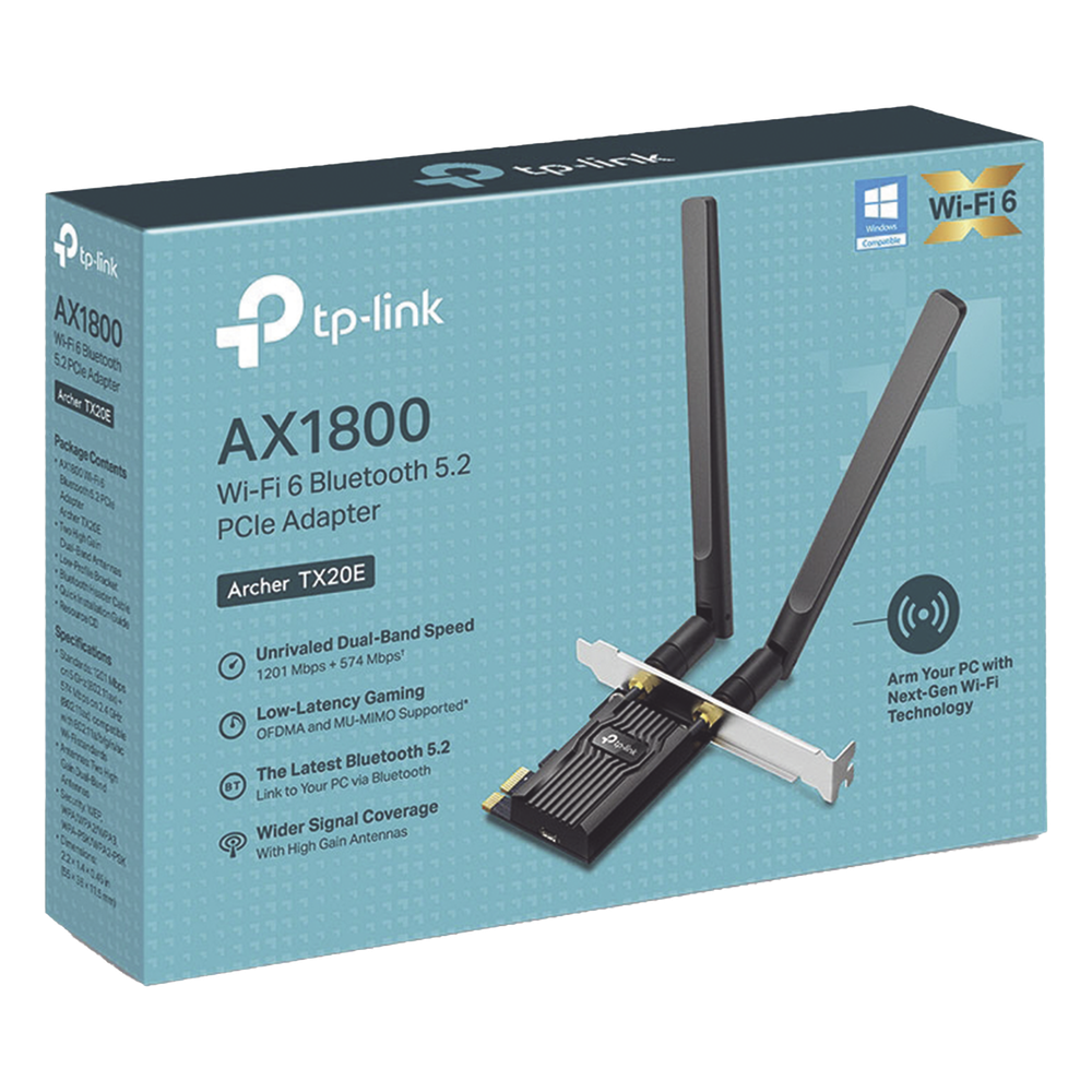 Adaptador PCIe inalámbrico doble banda AX1800 Mbps / Seguridad Inalámbrica WPA3 /Antena de alta ganancia / Tecnología MU-MUMO 2X2 / Soporte de perfil bajo y Altura completa / Bluetooth 5.2
