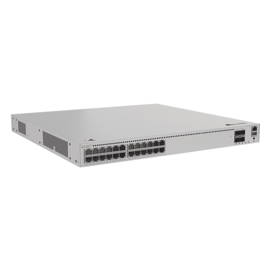 Switch de Distribución/Core Gigabit Administrable PoE Capa 3 / 24 puertos 1000/2.5Gbps (PoE) / 4 Puertos 10GE SFP+ Uplink / ERPS / Rutas Estáticas / iStack / PoE Perpetuo / 400W / Administración Nube Gratis