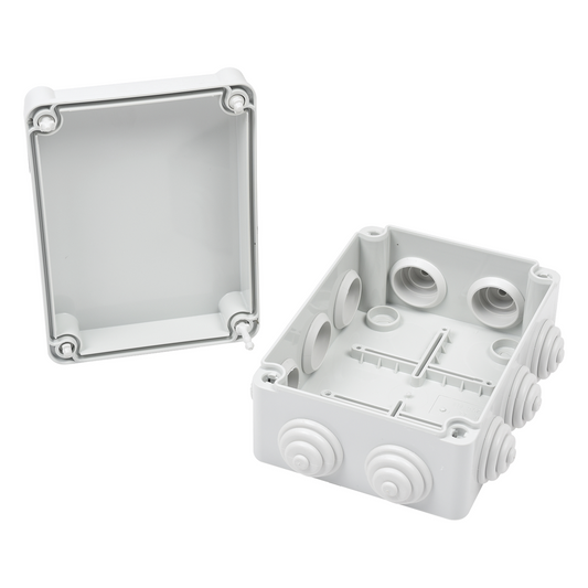 Caja Estanca de PVC Para Derivación y Conexión, 10 Entradas, Tapa con Tornillo de 1/4" de Vuelta, 150x110x70 mm (Área interna), Uso Exterior IP55, Material que no Propaga el Fuego y Libre de Hálogenos