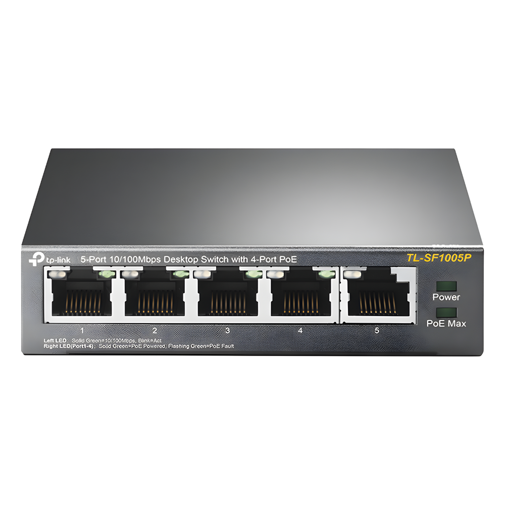 Switch PoE no Administrable de escritorio / 5 puertos 10/100 Mbps / 4 puertos PoE af/at / Presupuesto 67 W / Modo Extensor hasta 250 m / Calidad video prioritaria