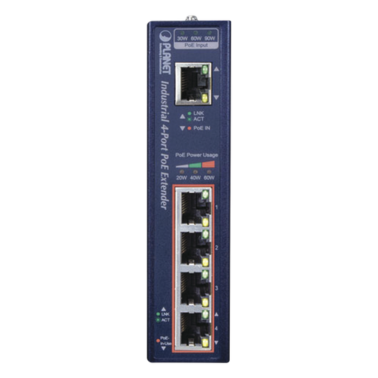 Extensor Industrial PoE, Entrada PoE 802.3 bt y 4 Puertos de Salida Gigabit 802.3 af/at