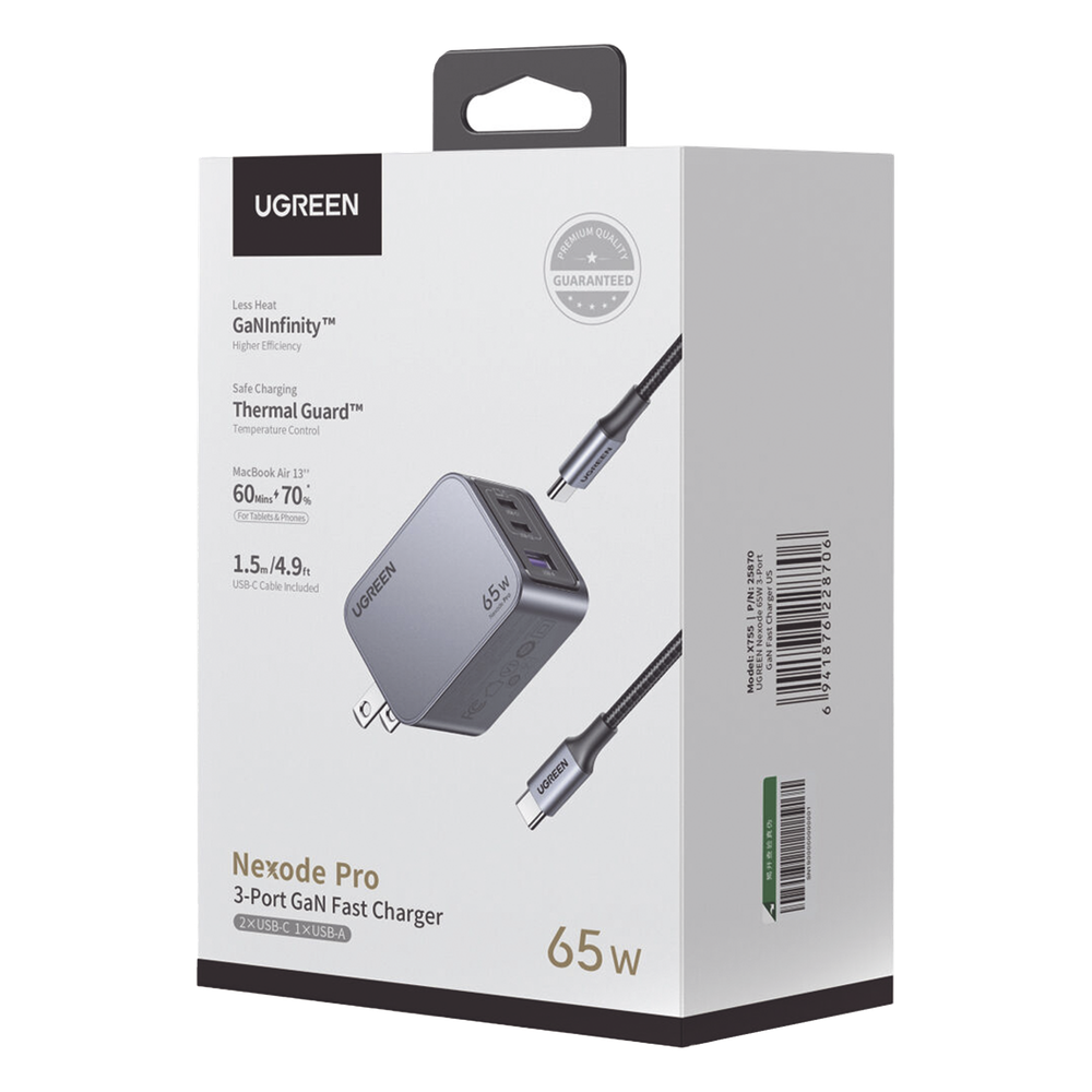 Cargador de 65W serie Nexode Pro | 3 Puertos de Carga Rápida | 2 USB-C | 1 USB-A | Tecnología GaNInfinity | PD3.1 de 65W / QC4.0 | Tecnología de Protección Térmica | Optimiza la Carga | Caja de Aluminio | Incluye Cable U