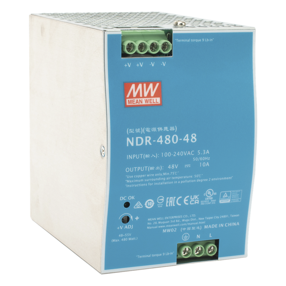 Fuente de Poder Industrial de 480W, salida 48 Vcc, para montaje en riel Din