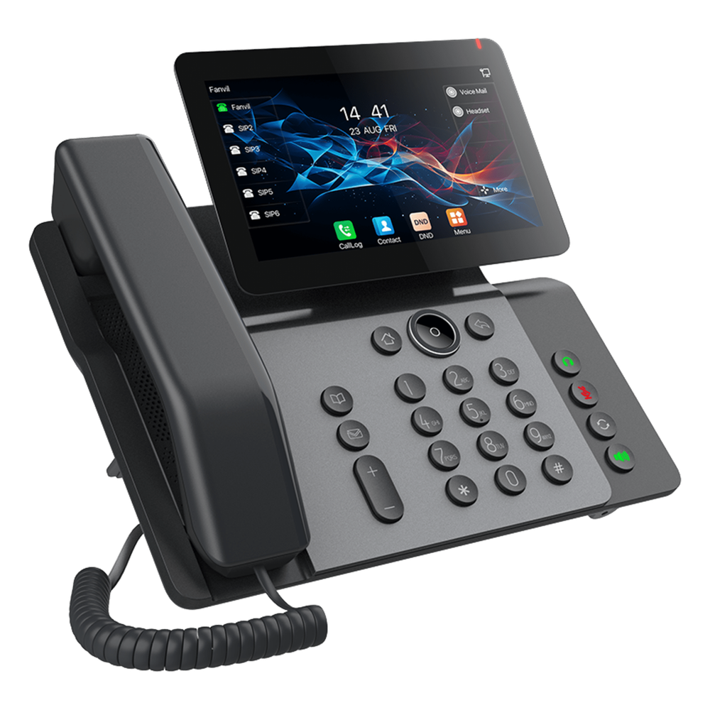 Teléfono IP Empresarial V66 Prime, Pantalla Táctil Color 7 Pulgadas, Audio HD Opus, Video 1080p, Wi-Fi 6, Bluetooth 5.4, 20 Líneas SIP, 6-Way Conference, PoE, Material Antibacterial