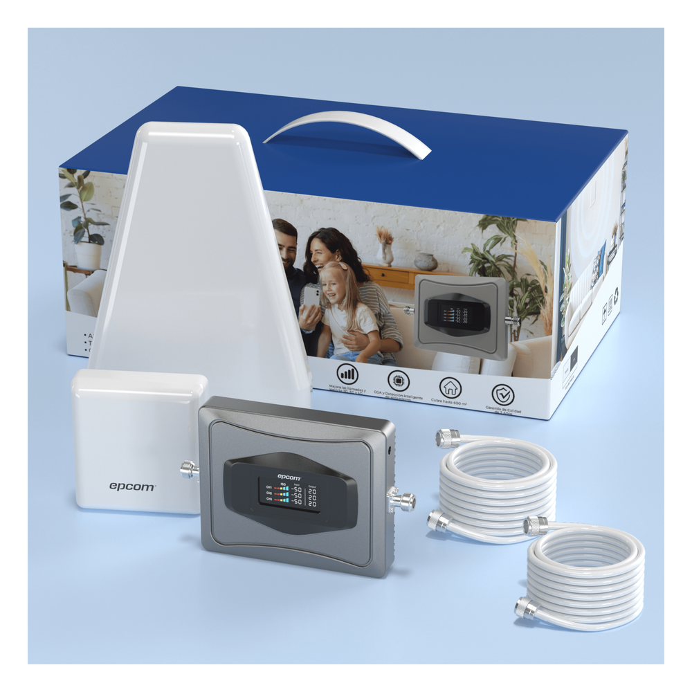 Kit Amplificador de Señal Celular 4G / Mejora las llamadas convencionales y VoLTE / Soporta los datos de las tecnologías 2G, 3G y 4G de TELCEL, AT&T y MOVISTAR / Cubre hasta 600 m2.