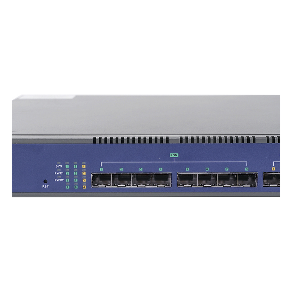 OLT de 8 puertos GPON con 8 puertos Uplink (4 puertos Gigabit Ethernet + 2 puertos SFP + 2 puertos SFP+) hasta 1,024 ONUs