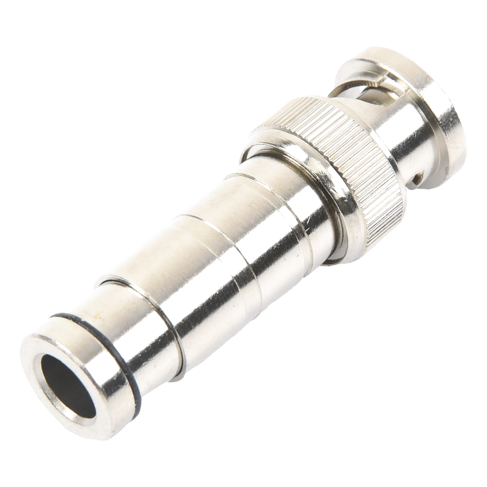 Conector BNC Macho en 75 Ohm, de Compresión Axial para Cable Coaxial RG-59/U, Níquel/ Oro/ Politetrafluoroetileno.