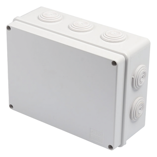 Caja Derivación-Conexión de Plástico (140 X 190 X 76 mm) con 10 Glándulas de Goma. Para Instalaciones Comerciales, Residenciales e Industriales. Incluye Tornillería para su Tapa. Funciona También como Registro.