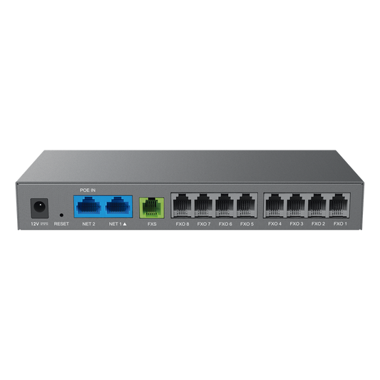 Gateway Analógico 8 FXO (Conectar Lineas Analógicas) / 3 Perfiles SIP / 1 Puerto FXS / NAT de Alto Rendimiento / Soporte Lifeline / Fax T.38 / Cifrado AES / Failover SIP / Conferencia de Voz 3 Vías
