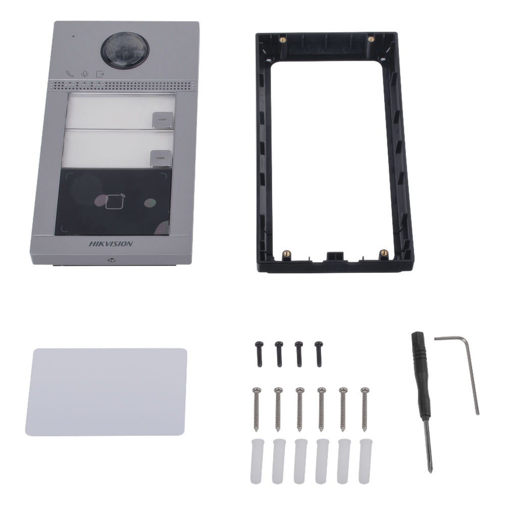 Videoportero IP 2 Megapixel / Llamada y Apertura Remota desde App Hik-Connect (requiere monitor) / PoE / Exterior IP65 + Antivandalico IK08 / 2 Departamentos / Apertura con Tarjeta / Soporta 2 Puertas y hasta 6 Monitores
