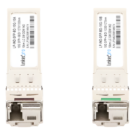 Transceptores Ópticos Industriales Bidireccionales SFP+ (Mini-Gbic) / Monomodo 1270 & 1330 nm / 10 Gbps / 10GBASE / Conector LC/UPC Simplex / DDM / Hasta 10 km / 2 Piezas