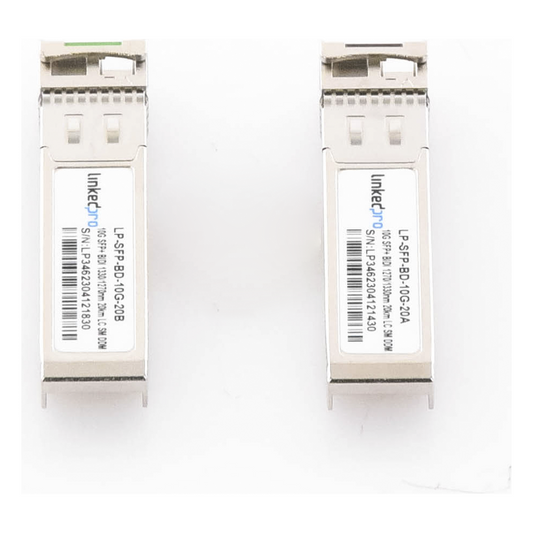 Transceptores Ópticos Bidireccionales SFP+ (Mini-Gbic) / Monomodo 1270 & 1330 nm / 10 Gbps / 1000BASE-BX / Conector LC/UPC Simplex / DDM / Hasta 20 km / 2 Piezas