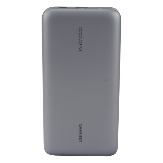 Power Bank de 25000mAh | 3 Salidas 145W Max. | USB-A + 2 USB-C | PD 3.0, QC3.0 | FCP | SCP | Pantalla Inteligente | Carcasa Ignifuga | Color Gris | Incluye Cable USB de 50cm | Carga tu Laptop de Manera Segura.