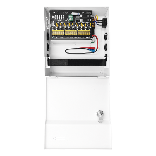 Fuente de Poder con ajuste de voltaje de 11- 15 Vcc / 10 A / 9 Salidas / Capacidad de Batería de Respaldo / Requiere Batería / Voltaje de Entrada 96-264 Vca