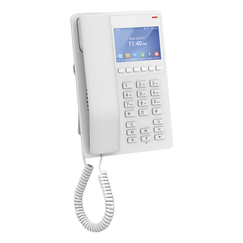 Teléfono IP Hotelero con pantalla LCD a color, 2 líneas SIP con 2 cuentas, codec Opus, IPV4/IPV6, color blanco, con gestión en la nube GDMS