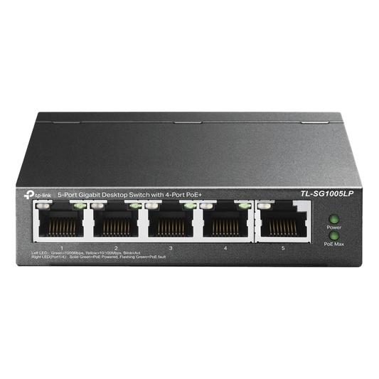 Switch Escritorio No Administrable de 5 puertos 100/100/1000 Mbps / Con 4 puertos PoE 802.3af/at de hasta 40 W