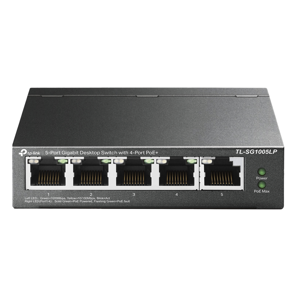 Switch Escritorio No Administrable de 5 puertos 100/100/1000 Mbps / Con 4 puertos PoE 802.3af/at de hasta 40 W