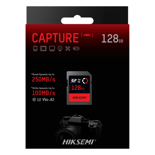 Memoria SD / 128 GB / 250 MB/s Lectura / 180 MB/s Escritura / V60 U3 / Para Fotografía Profesional 4K / HIKSEMI CAPTURE E60